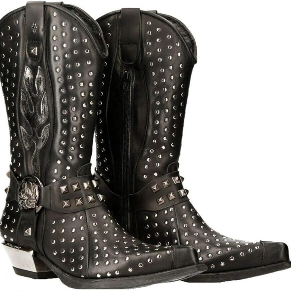 NEW ROCK M-7928-S1 Men's WESTERN COWBOY BOOTS Black Leather Heavy Biker SILVER S